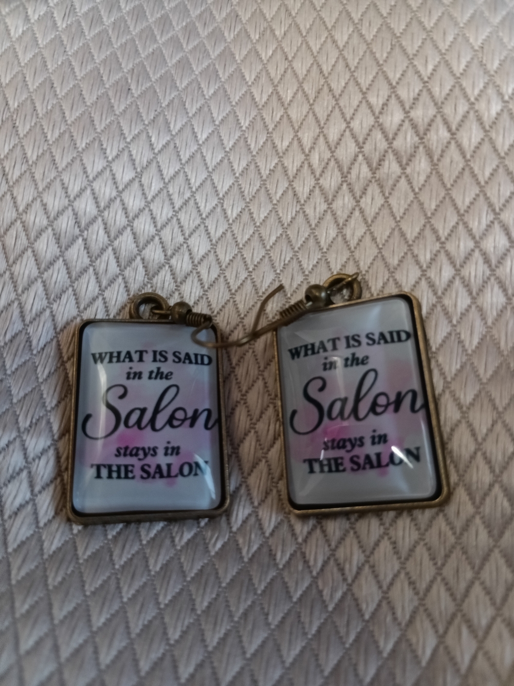 Salon Quote Rectangle Dangle Earrings in Pink and Gold